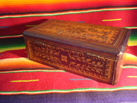 Mexican vintage wood-carving, a marquetry box with beautiful inlaid wood designs from Oaxaca, c. 1890. Another view of the box.