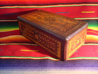 Mexican vintage wood-carving, a marquetry box with beautiful inlaid wood designs from Oaxaca, c. 1890. Another side view of the box.