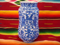 Mexican vintage pottery and ceramics, a Talavera vase from Puebla, c. 1940. Beautiful blue designs of the double-headed Hapsburg eagle, a wonderful plant with a flower, and a beautiful pomegranate (granada). Main photo.