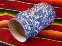 Mexican vintage pottery and ceramics, a Talavera vase from Puebla, c. 1940. Beautiful blue designs of the double-headed Hapsburg eagle, a wonderful plant with a flower, and a beautiful pomegranate (granada). Another view of the top of the vase.