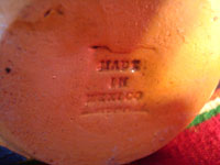 Mexican vintage pottery and ceramics, a teapot and creamer set from Tlaquepaque, c. 1930-40. View of the stamp on the bottom of the teapot.