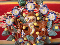 Mexican vintage pottery and ceramics and Mexican vintage folk art, a beautifully formed and decorated tree of life from Metepec, c. 1950's. Closeup photo of the front of the Metepec tree of life.