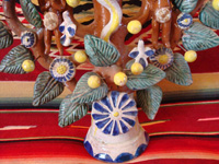 Mexican vintage pottery and ceramics and Mexican vintage folk art, a beautifully formed and decorated tree of life from Metepec, c. 1950's. Closeup photo of the base.