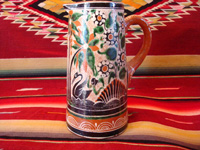 Mexican vintage pottery and ceramics. a lovely petatillo pitcher with a handle and very fine hand-painted decoration, Tlaquepaque, Jalisco, c. 1940's. Main photo of the petatillo pitcher from Tlaquepaque, Jalisco.