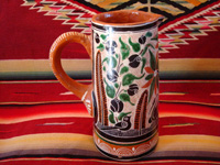 Mexican vintage pottery and ceramics. a lovely petatillo pitcher with a handle and very fine hand-painted decoration, Tlaquepaque, Jalisco, c. 1940's. Photo of the second side of the Tlaquepaque pitcher.