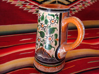 Mexican vintage pottery and ceramics. a lovely petatillo pitcher with a handle and very fine hand-painted decoration, Tlaquepaque, Jalisco, c. 1940's. Another photo of one side of the pitcher.