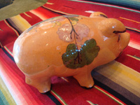 Mexican vintage pottery and ceramics and Mexican vintage folk art, a pottery piggy bank with lovely artwork on its back, from Tlaquepaque, Jalisco, c. 1930's. This is a great piece of Mexican vintage folk art and a collector's dream. Another photo showing the artwork on the back of the Tonala piggy.