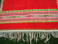 Mexican vintage textiles and Saltillo sarapes (serapes), a very beautiful post-classic Saltillo sarape with a tight weave of very fine wool, c. 1890-1900. Photo showing one edge of the sarape with the fringe.