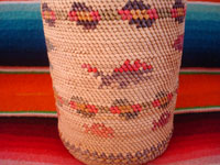 Native American Indian vintage basketry and weaving, a wonderful basketry covered bottle, Makah, Washington state, c. 1940.  Closeup photo of the bottle, showing the fish.