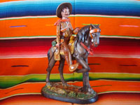 Mexican vintage folk art, and Mexican vintage pottery and ceramics, a pottery sculpture depicting a Mexican revolutionary, perhaps Emiliano Zapata or Pancho Villa, riding a beautiful horse, attributerd to the great Panduro family of sculptors, San Pedro Tlaquepaque, c. 1930's. Main photo of the horse and rider.