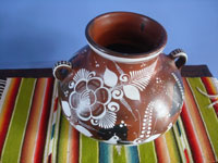 Mexican vintage pottery and ceramics, a beautiful pottery vase with wonderful colors and decorations, Tonala, Jalisco, c. 1950's. Photo of the second side of the vase.