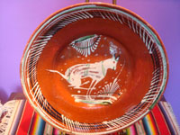 Mexican vintage pottery and ceramics, a lovely banderaware charger with beautiful artwork featuring a figural animal, Tonala or San Pedro Tlaquepaque, c. 1930's. Main photo of the charger.