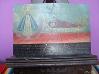 Mexican vintage devotional art, a wonderful exvoto done in thanks for prayers or favors received, c. 1940's. In this exvoto, Roberta Torres is thanking the Virgen Mary for saving her from a heart ailment. Main photo of the exvoto.