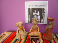 Mexican vintage folk art, three pottery statues of women of the marketplace, mercanderas, by the famous ceramicist Teodora Blanco, Santa Maria Atzompa, Oaxaca, c. 1960's.  Main photo of the three figures.