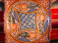Mexican vintage pottery and ceramics, a ceramic Talavera tray from Puebla, c. 1960's. Another angle of the tray.