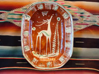 Mexican vintage pottery and ceramics, a lovely oval dish, bandera-ware (the colors of the Mexican flag or bandera), decorated with a graceful deer and cypress tree, Tlaquepaque, c. 1930-40's. Main photo of the front of the plate.