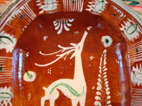 Mexican vintage pottery and ceramics, a lovely oval dish, bandera-ware (the colors of the Mexican flag or bandera), decorated with a graceful deer and cypress tree, Tlaquepaque, c. 1930-40's. Another closeup photo of the deer.