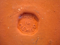 Mexican vintage pottery and ceramics, a lovely oval dish, bandera-ware (the colors of the Mexican flag or bandera), decorated with a graceful deer and cypress tree, Tlaquepaque, c. 1930-40's. Closeup photo of the stamp on the back of the platter.