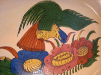 Mexican vintage pottery and ceramics, a beautiful oval platter decorated with a very lovely bird and flowers, Talquepaque, Jalisco, c. 1930-40's. Closeup photo of the lovely bird.