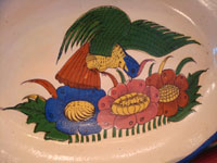 Mexican vintage pottery and ceramics, a beautiful oval platter decorated with a very lovely bird and flowers, Talquepaque, Jalisco, c. 1930-40's. Another closeup photo of the central scene of the platter with the lovely bird.