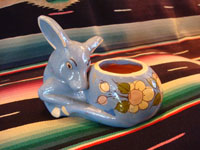 Mexican vintage pottery and ceramics, a bowl in the shape of a wonderful blue fawn, Tlaquepaque, Jalisco, c. 1930. The fawn is beautifully decorated and is highly endearing. Main photo of deer-shaped bowl.