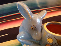 Mexican vintage pottery and ceramics, a bowl in the shape of a wonderful blue fawn, Tlaquepaque, Jalisco, c. 1930. The fawn is beautifully decorated and is highly endearing. Closeup photo of the deer's lovely head.