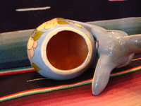 Mexican vintage pottery and ceramics, a bowl in the shape of a wonderful blue fawn, Tlaquepaque, Jalisco, c. 1930. The fawn is beautifully decorated and is highly endearing. Photo shot from above the bowl.