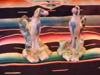 Mexican or Guatemalan vintage pottery and ceramics, a lovely pair of birds, very finely crafted and each with a round fruit in its mouth, Mexico or Guatemala, c. 1930's. Another angle of the figures.