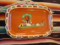 Mexican vintage pottery and ceramics, a beautiful rectangular dish with an earthen-colored (reddish) glaze background and a wonderful rural scene, Tlaquepaque, Jalisco, c. 1940's. Main photo of the dish.