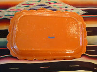 Mexican vintage pottery and ceramics, a beautiful rectangular dish with an earthen-colored (reddish) glaze background and a wonderful rural scene, Tlaquepaque, Jalisco, c. 1940's. Photo showing the back side of the dish.