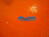 Mexican vintage pottery and ceramics, a beautiful rectangular dish with an earthen-colored (reddish) glaze background and a wonderful rural scene, Tlaquepaque, Jalisco, c. 1940's. Photo of the stamp on the bottom of the dish.