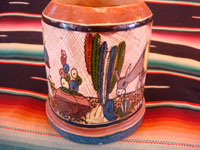 Mexican vintage pottery and ceramics, a set of four mugs with petatillo backgrounds and wonderful artwork, attributed to the famous artist, Balbino Lucano, Tlaquepaque, Jalisco, c. 1930. Photo showing another side of one mug.