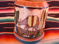 Mexican vintage pottery and ceramics, a set of four mugs with petatillo backgrounds and wonderful artwork, attributed to the famous artist, Balbino Lucano, Tlaquepaque, Jalisco, c. 1930. Photo showing the burro on another side of one mug.