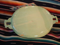 Mexican vintage pottery and ceramics, a spectacular oval tray or charger with handles, a wonderful pale-green background glaze, and very fine artwork, Tlaquepaque, Jalisco, c. 1930's. Photo of the back side of the tray.