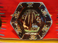 Mexican vintage pottery and ceramics, a stunning pottery bowl with a beautiful black background and a starry night pattern, and highly intricate artwork decorations, Tonala or San Pedro Tlaquepaque, c. 1920-30's. Main photo of the pottery bowl.