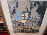 Vintage folk art and fine art, a beautiful print depicting the Santa Barbara Mission, with a wonderful ox-cart in front, signed and dated on the back by Dan Masefield, c. 1930. Another view of the front of the print, showing the Mission building.