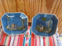 Mexican vintage pottery and ceramics, a pair of octagonal pottery plates with a lovely blue glazed background and wonderful artwork, Tonala or San Pedro Tlaquepaque, c. 1930's. Main photo of the two plattes.