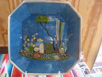 Mexican vintage pottery and ceramics, a pair of octagonal pottery plates with a lovely blue glazed background and wonderful artwork, Tonala or San Pedro Tlaquepaque, c. 1930's. Closeup photo of the second plate.