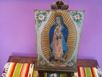 Mexican vintage devotional art, a wonderful retablo depicting Our Lady of Guadalupe, painted on tin, Mexico, c. 1930's. Main photo of the retablo.