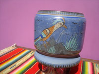 Mexican vintage pottery and ceramics, a lovely burnished pottery pot with a lovely pale-blue background and very fine artwork. Tonala or San Pedro Tlaquepaque, c. 1930's. Main photo of the potl