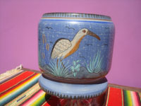 Mexican vintage pottery and ceramics, a lovely burnished pottery pot with a lovely pale-blue background and very fine artwork. Tonala or San Pedro Tlaquepaque, c. 1930's. Photo of the second side of the pot.