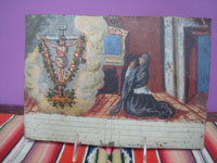 Mexican vintage devotional art, an exvoto painted on tin depicting a woman giving thanks to Nuestro Senor de Sausito for curing a family member of some affliction, c. 19 century. Main photo of the exvoto.