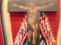 Mexican antique devotional art and wood-carving, a beautiful Cruz de Animas y de Muerte ("Cross of the Souls in Purgatory and the Deceased"), made of mesquite and exquisitely painted with images of Christ and of animas (souls in purgatory), probably from Queretero, c. 1875. Photo showing the painting of Christ on the Cross.