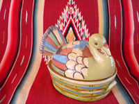 Mexican vintage pottery and ceramics, a lidded casserole in the form of a lovely turkey, Tlaquepaque, c. 1940. The background glaze is a beautiful pale-green, very rare in these pieces, and the artwork on the turkey is very fine. Main photo of the pottery casserole.