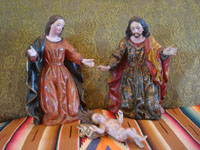 Mexican antique Colonial art, and Mexican Colonial devotional art, an incredible hand-carved Nativity set with wonderful statues of Jesus, Mary, and Joseph, Mexico, c. 17th-18th century. Main photo of the set.