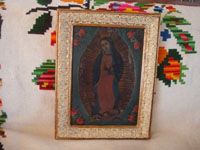 Mexican vintage devotional art, and Mexican vintage tinwork art, a beautiful retable depicting Our Lady of Guadalupe, painted on tin and framed, c. 1930. Main photo of the retablo.