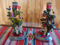 Mexican vintage pottery and ceramics, and Mexican vintage folk art, a very beautiful pair of trees-of-life depicting Adam and Eve and the tempting snake in the Garden of Eden, by the famous folk-artist, Alfonso Castillo, c. 1980's, Izucar de Matamoros, Puebla. Main photo of the two trees-of-life by Alfonso Castillo.