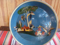 Mexican vintage pottery and ceramics, a pottery plate with a wonderful blue background glazing and beautiful artwork. Tonala or San Pedro Tlaquepaque, c. 1940. Main photo of the plate.