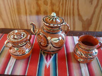 Mexican vintage pottery and ceramics, a wonderful pottery bandera-ware coffee set with a lidded coffee pot, a creamer and a sugar, Tonala or San Pedro Tlaquepaque, c. 1930's. Main photo of the coffee set.