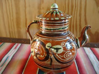 Mexican vintage pottery and ceramics, a wonderful pottery bandera-ware coffee set with a lidded coffee pot, a creamer and a sugar, Tonala or San Pedro Tlaquepaque, c. 1930's. Photo of the coffee pot.